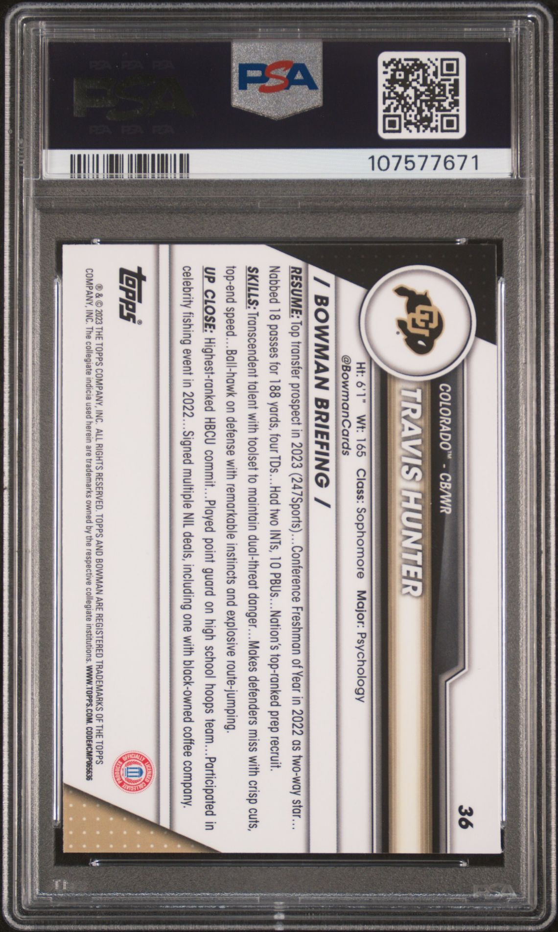 2023 Bowman University Chrome Travis Hunter #36 Gem Mt 10 back