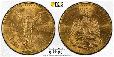 1944 50 Peso KM-481  Au MS64
