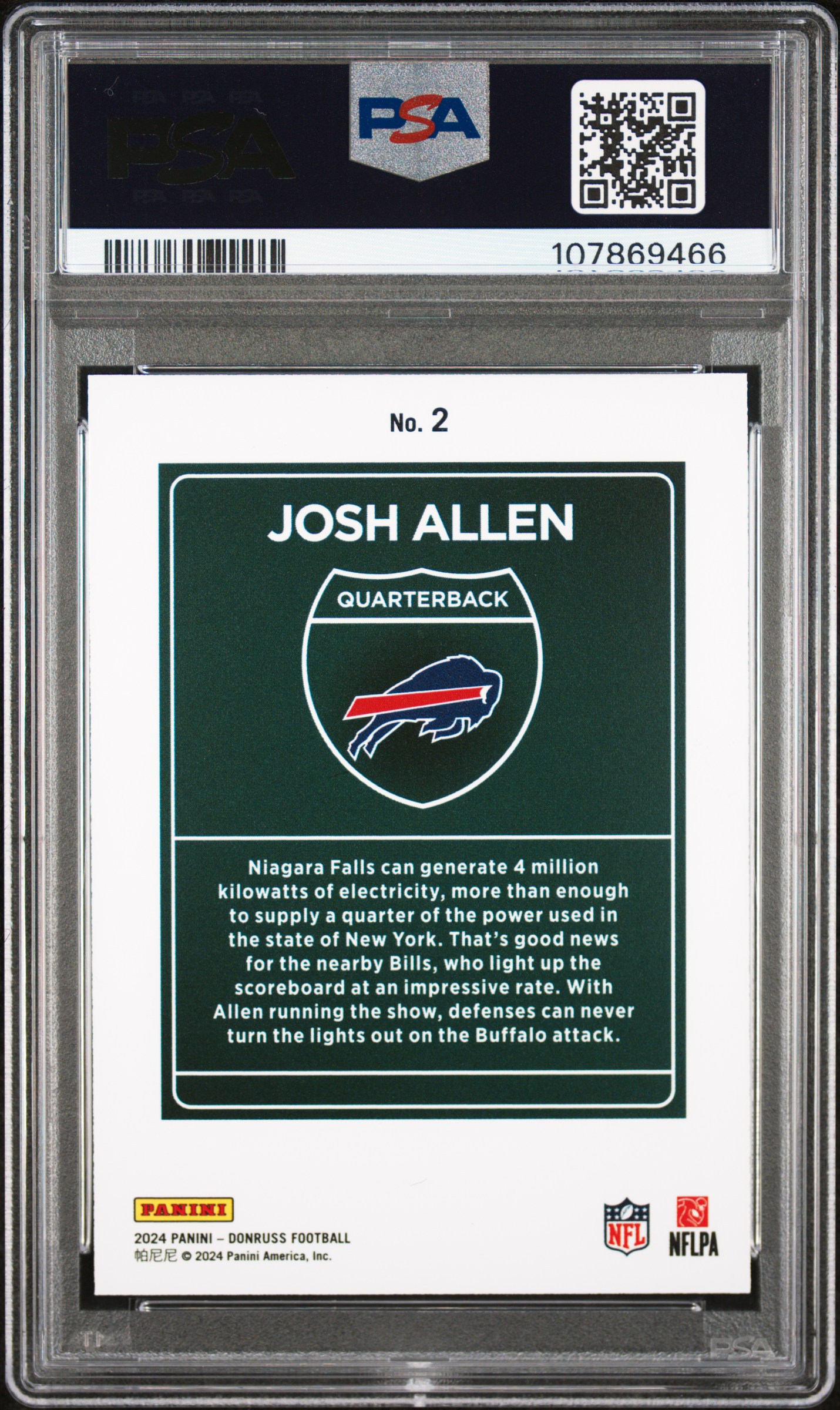 2024 Panini Donruss Downtown! Josh Allen #2 Gem Mt 10 back