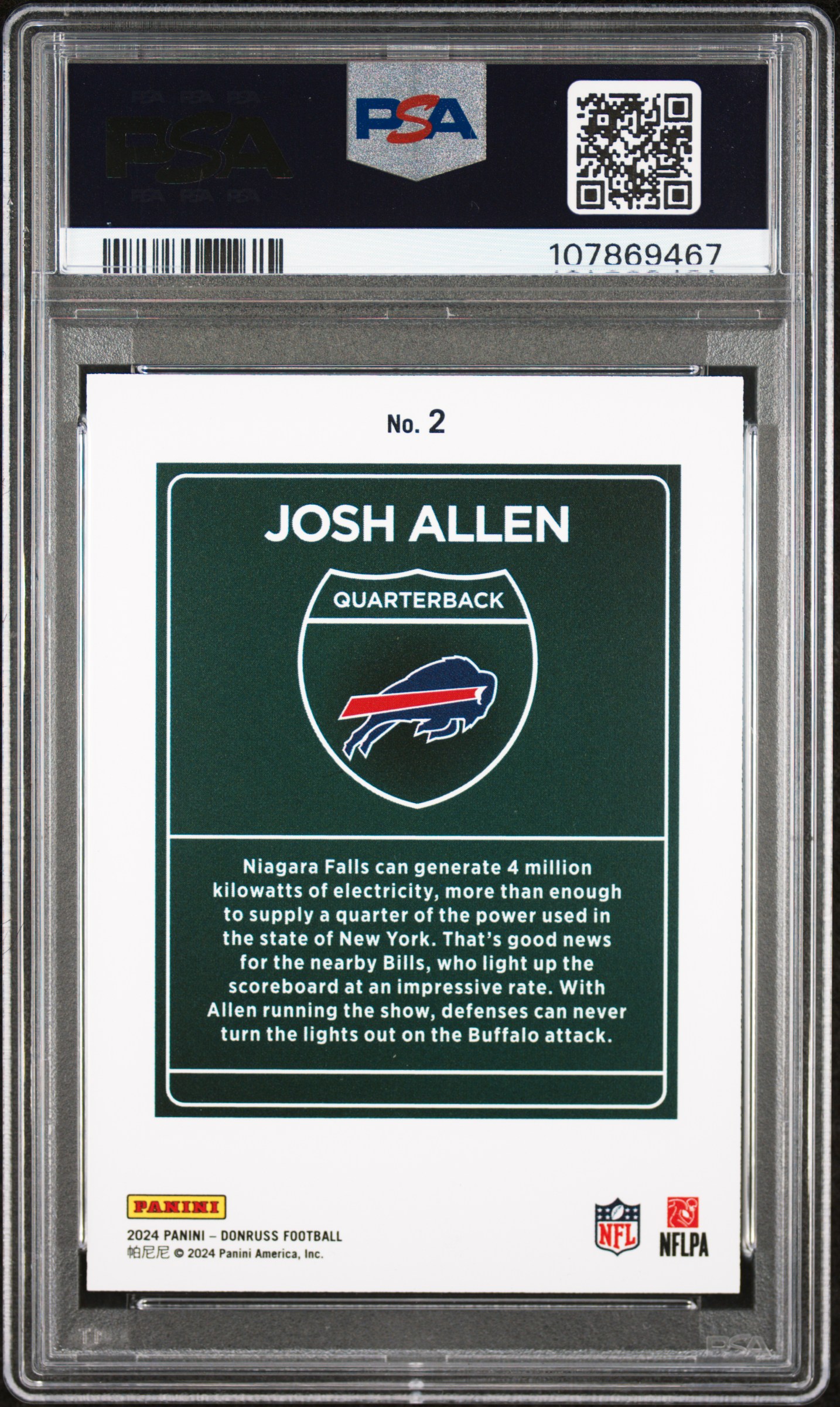 2024 Panini Donruss Downtown! Josh Allen #2 Gem Mt 10 back