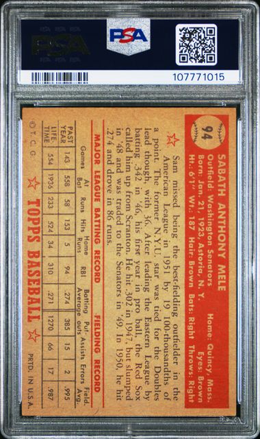 1952 Topps Sam Mele #94 Ex-Mt 6 back