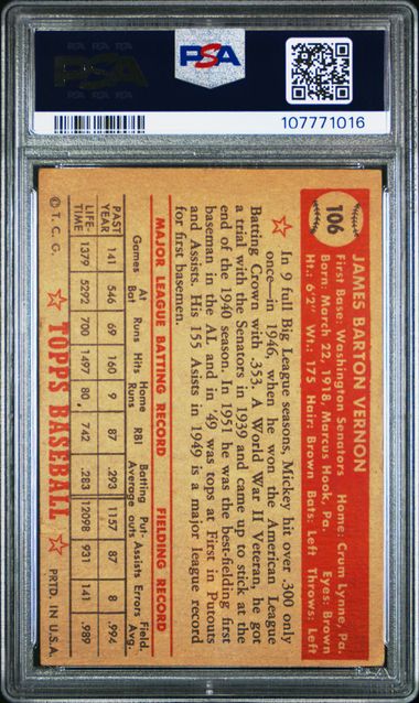 1952 Topps Mickey Vernon #106 Vg 3 back