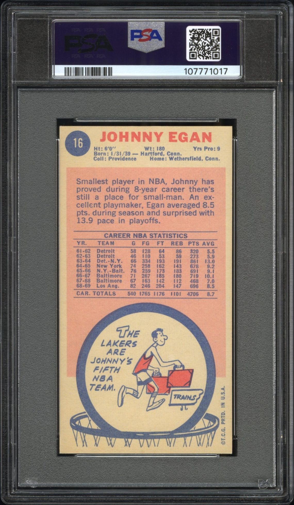 1969 Topps Johnny Egan #16 Nm 7 back