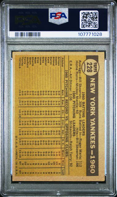 1961 Topps Yankees Team #228 Vg+ 3.5 back