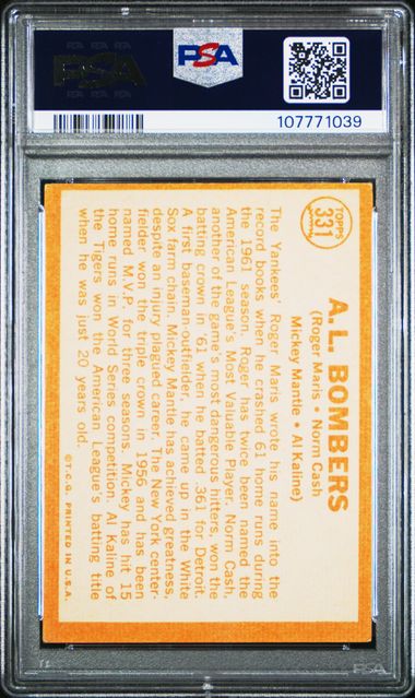 1964 Topps A.l. Bombers #331 (Maris/Cash/Mantle/Kaline) Vg-Ex 4 back