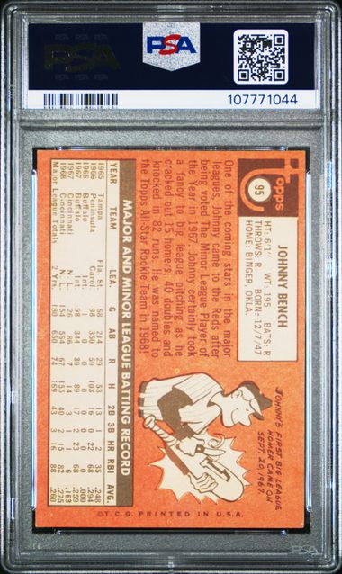 1969 Topps Johnny Bench #95 (All-Star Rookie) Vg 3 back