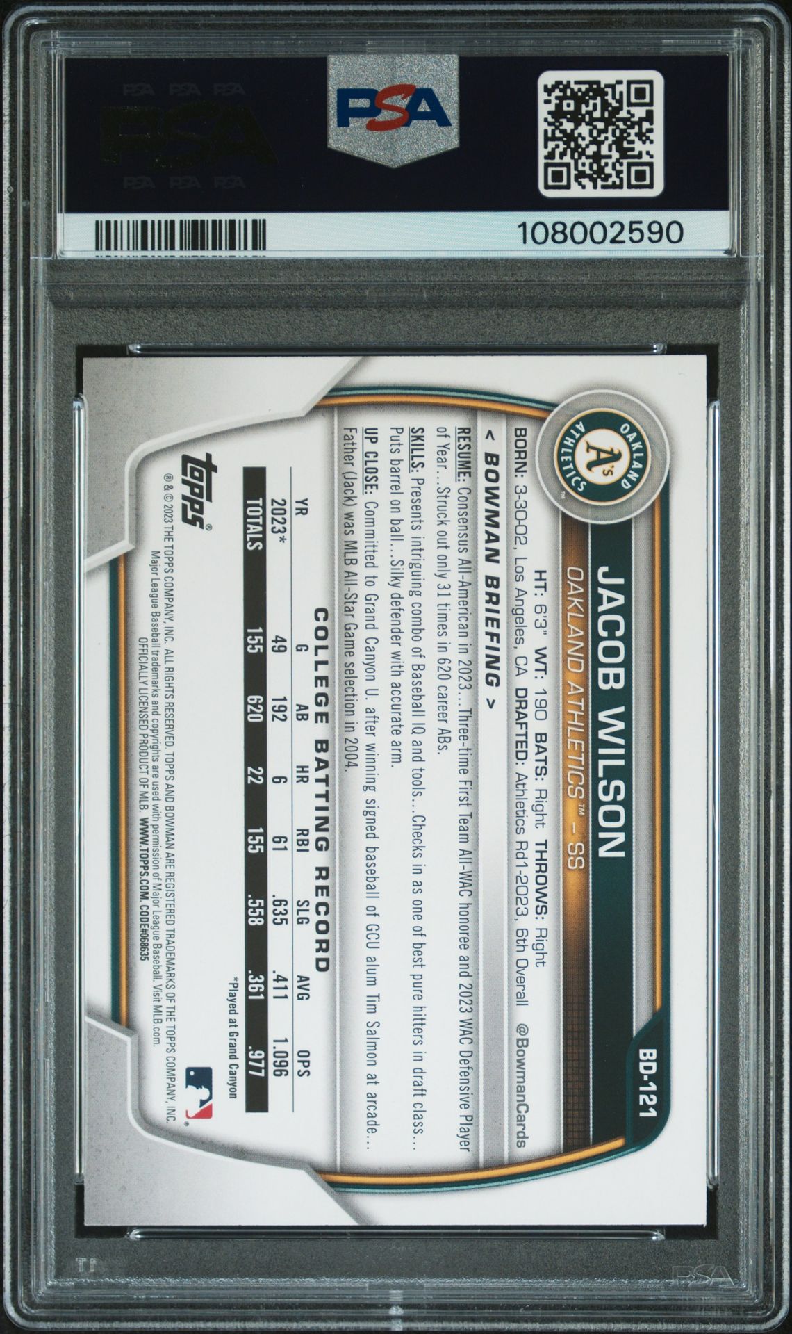 2023 Bowman Draft Jacob Wilson #Bd121 N0: Authentic back