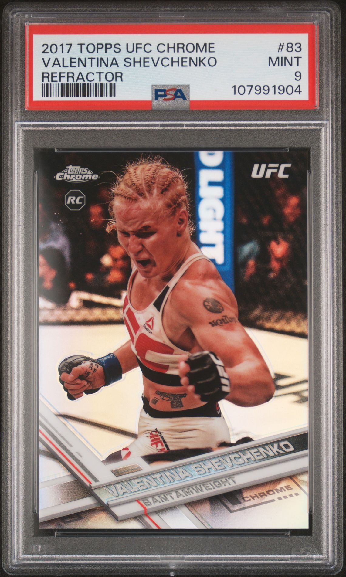 2017Brand/TitleTOPPS UFC CHROMESubjectVALENTINA SHEVCHENKOCard Number83CategoryBOXING/WRESTLING CARDS/MMAVariety/PedigreeREFRACTORSet RegistryThis cert does not appear in any sets.Note: If you believe the label on your cert or the item information listed above appears to be incorrect, please file a Label Correction Request through the Customer Request Center.CompanyAbout UsPSA CareersPress & MediaAppsResourcesPSA SalesAdvertise With UsForumsArticlesAffiliatesCollectorsCard LadderLong Beach ExpoPSA JapanPrivacy & TermsPrivacyYour Privacy ChoicesPSA GuaranteeTerms & ConditionsSupportHelp & SupportRequest CenterFind My PackageFAQ© 2026 Collectors Holdings, Inc. All rights reserved.United States (English)requestAnimationFrame(function(){$RT=performance.now()});SearchBoxing / Wrestling Cards / Mma2017 Topps Ufc ChromeValentina Shevchenko #83Cert #107991904$RB=[];$RV=function(a){$RT=performance.now();for(var b=0;b<a.length;b+=2){var c=a[b],e=a[b+1];null!==e.parentNode&&e.parentNode.removeChild(e);var f=c.parentNode;if(f){var g=c.previousSibling,h=0;do{if(c&&8===c.nodeType){var d=c.data;if("/$"===d||"/&"===d)if(0===h)break;else h--;else"$"!==d&&"$?"!==d&&"$~"!==d&&"$!"!==d&&"&"!==d||h++}d=c.nextSibling;f.removeChild(c);c=d}while(c);for(;e.firstChild;)f.insertBefore(e.firstChild,c);g.data="$";g._reactRetry&&requestAnimationFrame(g._reactRetry)}}a.length=0}; Topps TOPPS UFC CHROMESubjectVALENTINA SHEVCHENKOCard Number83CategoryBOXING/WRESTLING CARDS/MMAVariety/PedigreeREFRACTORSet RegistryThis cert does not appear in any sets.Note: If you believe the label on your cert or the item information listed above appears to be incorrect, please file a Label Correction Request through the Customer Request Center.CompanyAbout UsPSA CareersPress & MediaAppsResourcesPSA SalesAdvertise With UsForumsArticlesAffiliatesCollectorsCard LadderLong Beach ExpoPSA JapanPrivacy & TermsPrivacyYour Privacy ChoicesPSA GuaranteeTerms & ConditionsSupportHelp & SupportRequest CenterFind My PackageFAQ© 2026 Collectors Holdings, Inc. All rights reserved.United States (English)requestAnimationFrame(function(){$RT=performance.now()});SearchBoxing / Wrestling Cards / Mma2017 Topps Ufc ChromeValentina Shevchenko #83Cert #107991904$RB=[];$RV=function(a){$RT=performance.now();for(var b=0;b<a.length;b+=2){var c=a[b],e=a[b+1];null!==e.parentNode&&e.parentNode.removeChild(e);var f=c.parentNode;if(f){var g=c.previousSibling,h=0;do{if(c&&8===c.nodeType){var d=c.data;if("/$"===d||"/&"===d)if(0===h)break;else h--;else"$"!==d&&"$?"!==d&&"$~"!==d&&"$!"!==d&&"&"!==d||h++}d=c.nextSibling;f.removeChild(c);c=d}while(c);for(;e.firstChild;)f.insertBefore(e.firstChild,c);g.data="$";g._reactRetry&&requestAnimationFrame(g._reactRetry)}}a.length=0}; #83CategoryBOXING/WRESTLING CARDS/MMAVariety/PedigreeREFRACTORSet RegistryThis cert does not appear in any sets.Note: If you believe the label on your cert or the item information listed above appears to be incorrect, please file a Label Correction Request through the Customer Request Center.CompanyAbout UsPSA CareersPress & MediaAppsResourcesPSA SalesAdvertise With UsForumsArticlesAffiliatesCollectorsCard LadderLong Beach ExpoPSA JapanPrivacy & TermsPrivacyYour Privacy ChoicesPSA GuaranteeTerms & ConditionsSupportHelp & SupportRequest CenterFind My PackageFAQ© 2026 Collectors Holdings, Inc. All rights reserved.United States (English)requestAnimationFrame(function(){$RT=performance.now()});SearchBoxing / Wrestling Cards / Mma2017 Topps Ufc ChromeValentina Shevchenko #83Cert #107991904$RB=[];$RV=function(a){$RT=performance.now();for(var b=0;b<a.length;b+=2){var c=a[b],e=a[b+1];null!==e.parentNode&&e.parentNode.removeChild(e);var f=c.parentNode;if(f){var g=c.previousSibling,h=0;do{if(c&&8===c.nodeType){var d=c.data;if("/$"===d||"/&"===d)if(0===h)break;else h--;else"$"!==d&&"$?"!==d&&"$~"!==d&&"$!"!==d&&"&"!==d||h++}d=c.nextSibling;f.removeChild(c);c=d}while(c);for(;e.firstChild;)f.insertBefore(e.firstChild,c);g.data="$";g._reactRetry&&requestAnimationFrame(g._reactRetry)}}a.length=0}; Valentina Shevchenko front