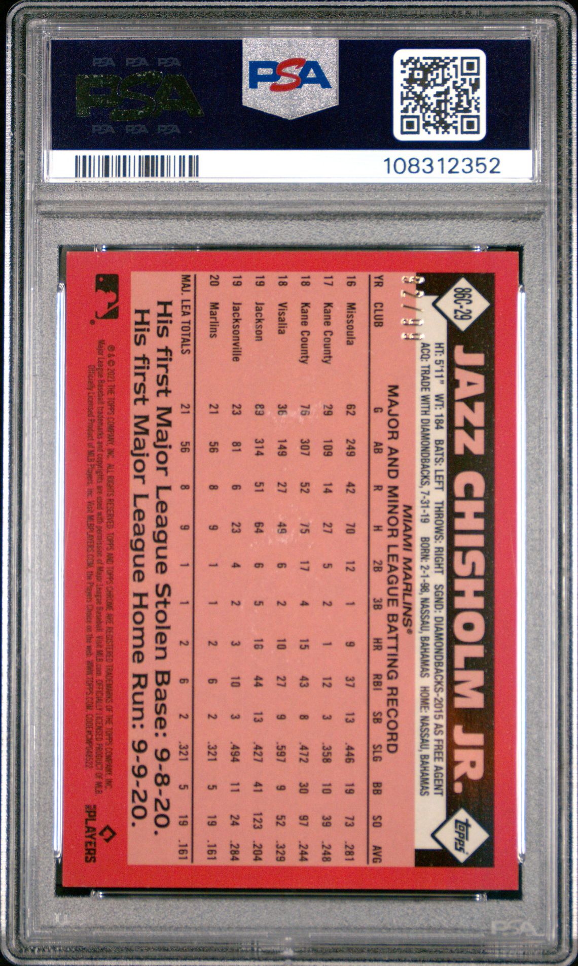 2021 Topps Silver Pack 1986 Chrome Promo Jazz Chisholm Jr. #29 (Update-Green) Mint 9 back