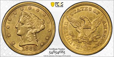 1869-S $2.50 AU58
