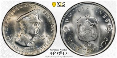 1947-S 50C Douglas MacArthur KM-184  Ag MS65