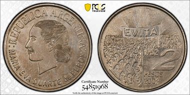 2002 2 Peso Eva Peron RE AU55