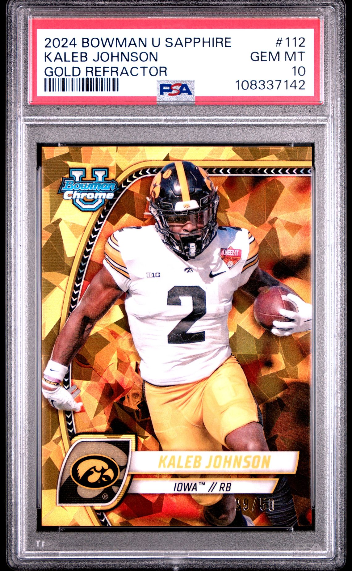 2024 Bowman BOWMAN UNIVERSITY CHROME SAPPHIRE GOLD REFRACTOR #112 Kaleb Johnson front