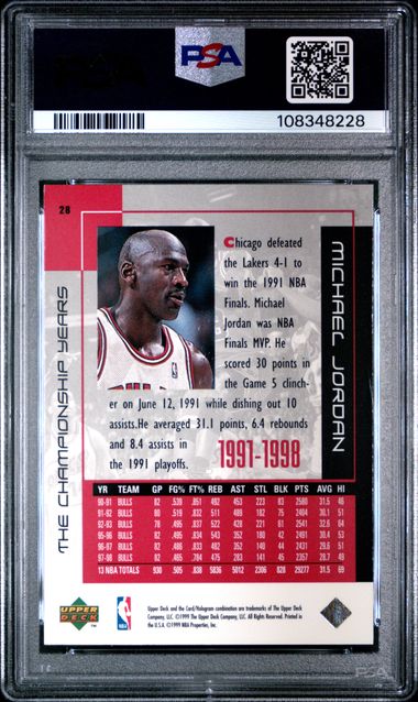 1999 Upper Deck Mj Career Collection Michael Jordan #28 (The Championship Years) Mint 9 back