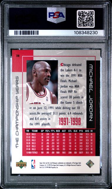 1999 Upper Deck Mj Career Collection Michael Jordan #28 (The Championship Years) Mint 9 back