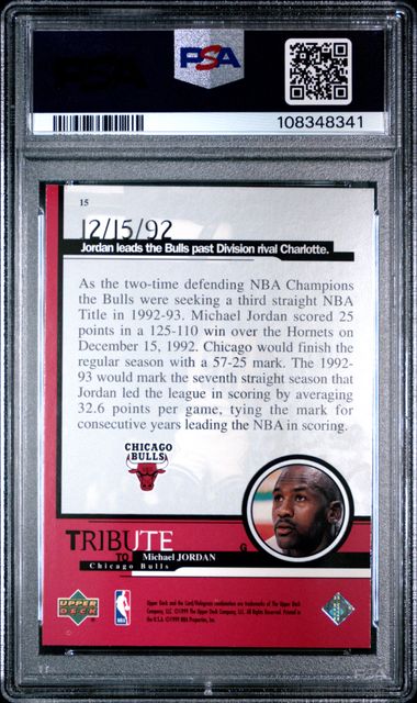 1999 Upper Deck Jordan Tribute Michael Jordan #15 (12/15/92) Mint 9 back