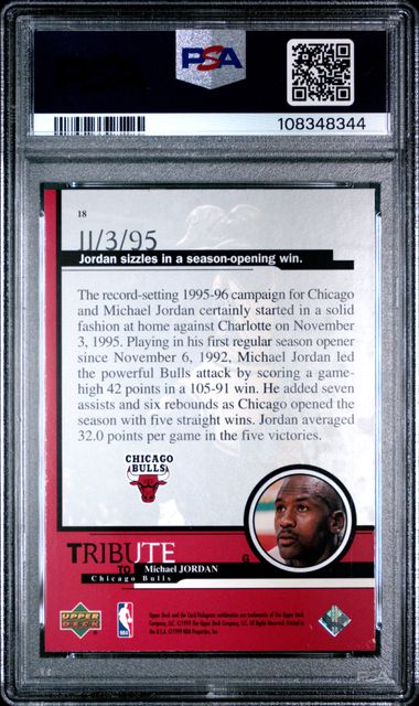 1999 Upper Deck Jordan Tribute Michael Jordan #18 (Season-Open Win 11/3/95) Nm-Mt 8 back
