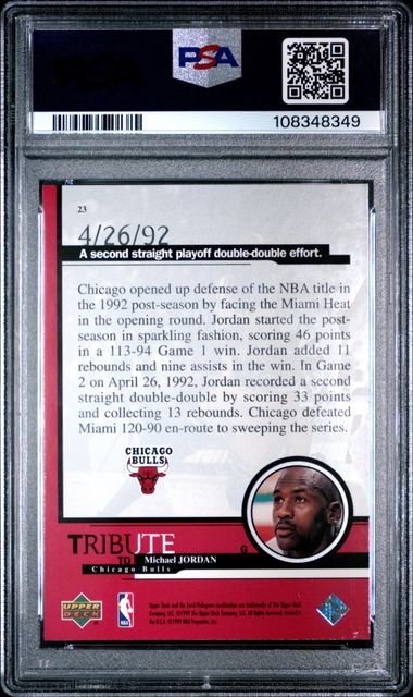 1999 Upper Deck Jordan Tribute Michael Jordan #23 (Double-Double Effort 4/92) Mint 9 back