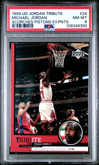 1999 Upper Deck Jordan Tribute Michael Jordan #24 (Scorches Pistons 53 Pnts.) Nm-Mt 8 front