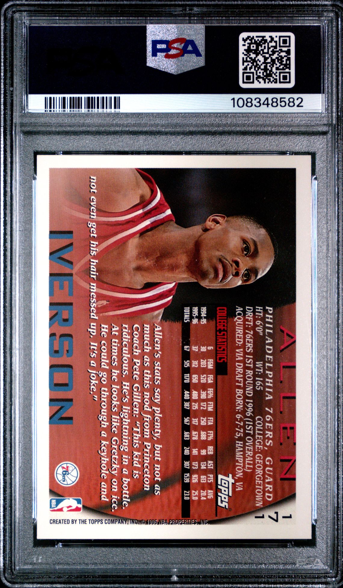 1996 Topps Allen Iverson #171 Nm-Mt 8 back