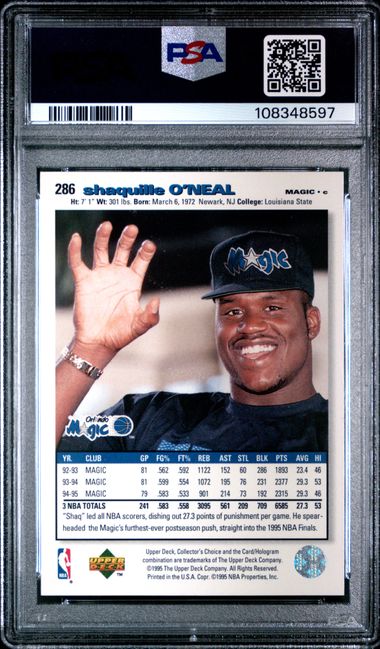 1995 Collector's Choice Shaquille O'neal #286 (Player's Club) Mint 9 back