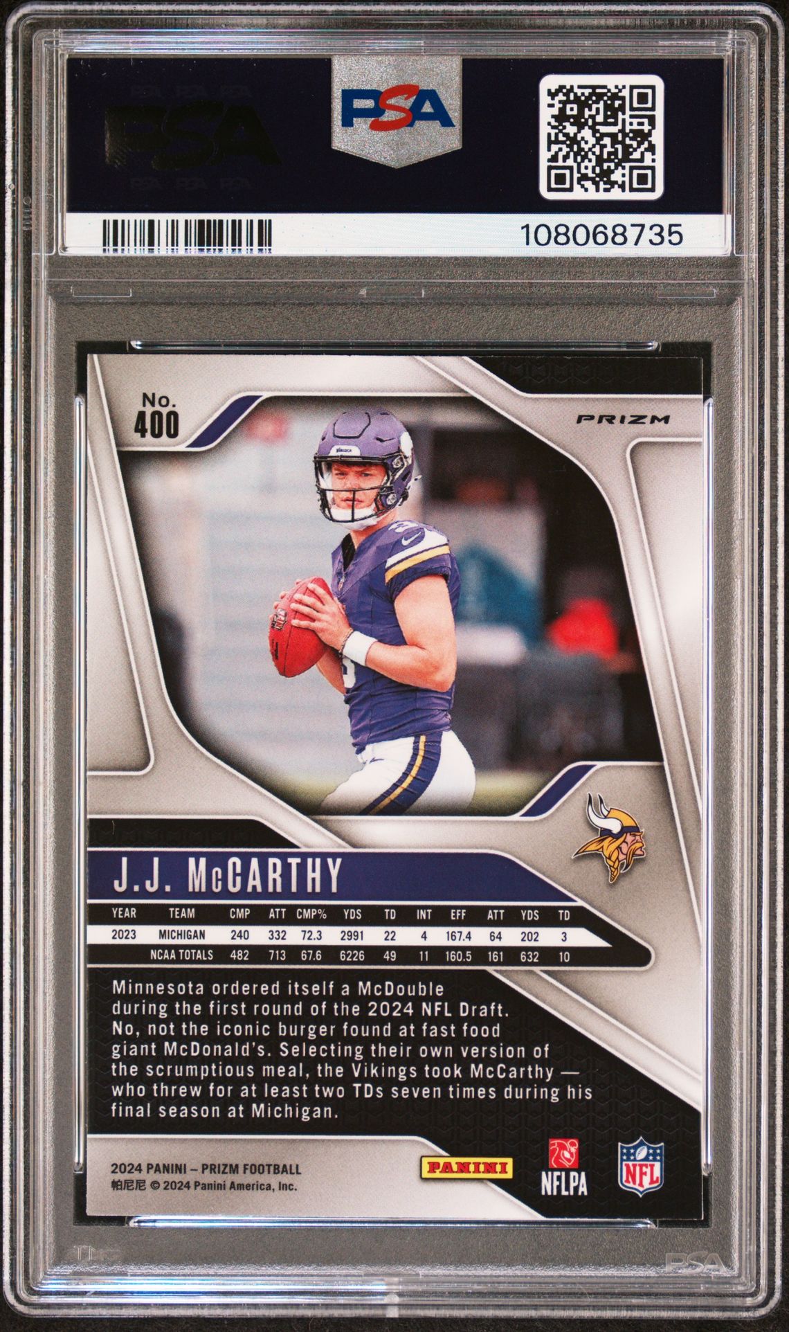 2024 Panini Prizm Jj Mccarthy #400 (Silver Prizm) Mint 9 back