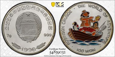 1996 100 Won Robinson Crusoe Colorized World of Adventure PR68DCAM