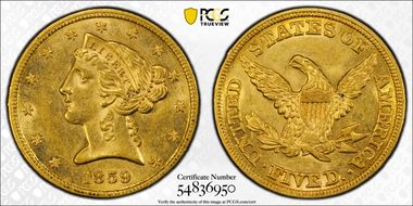 1859 $5 AU58