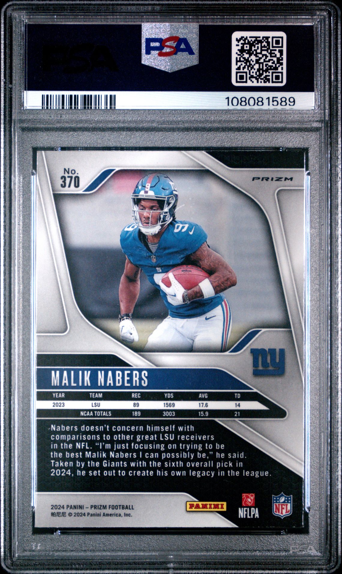 2024 Panini Prizm Malik Nabers #370 (Lazer Prizm) Gem Mt 10 back