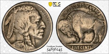 1919-D 5C 2 Feathers FS-401 VF20