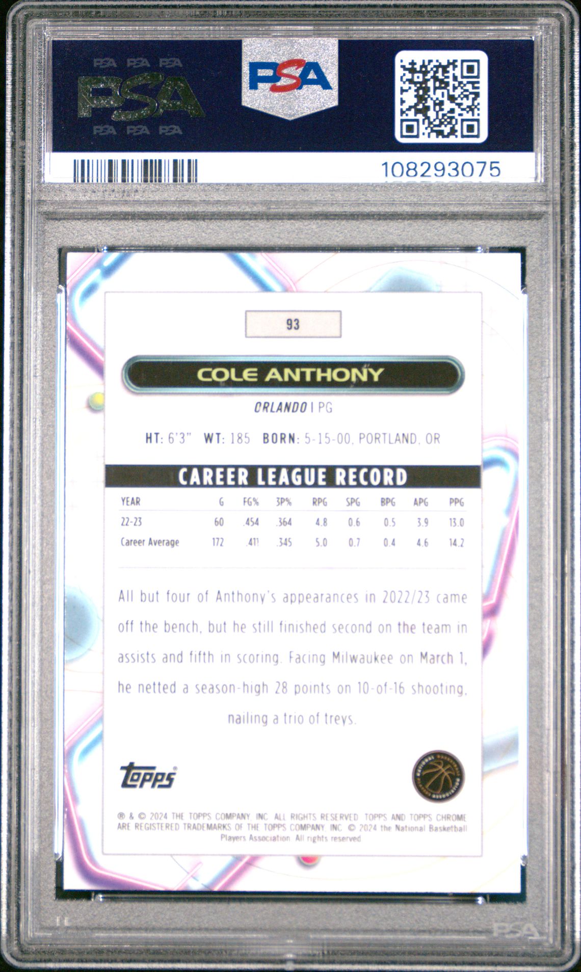 2023 Topps Cosmic Chrome Cole Anthony #93 (Blue Moon) Gem Mt 10 back view - PSA certificate #108293075