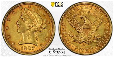 1907-D $5 AU55