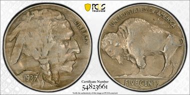 1937-D 5C 3 Legs AU55