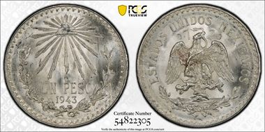 1943-M Peso KM-455  Ag MS66