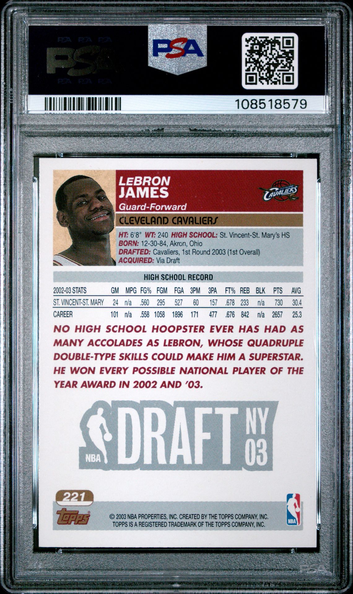 2003 Topps Lebron James #221 Mint 9 back