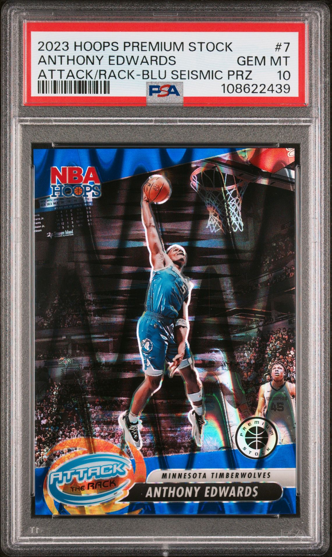 2023 Panini PANINI HOOPS PREMIUM STOCK ATTACK THE RACK ATTACK/RACK-BLU SEISMIC PRZ #7 Anthony Edwards front