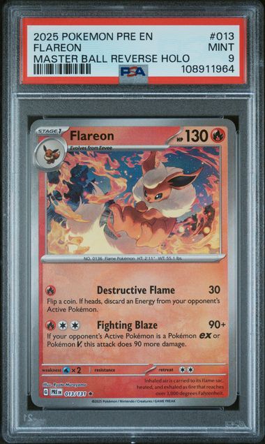 2025 Pokemon Pre En-Prismatic Evolutions Flareon #013 (Master Ball Reverse Holo) Mint 9 front
