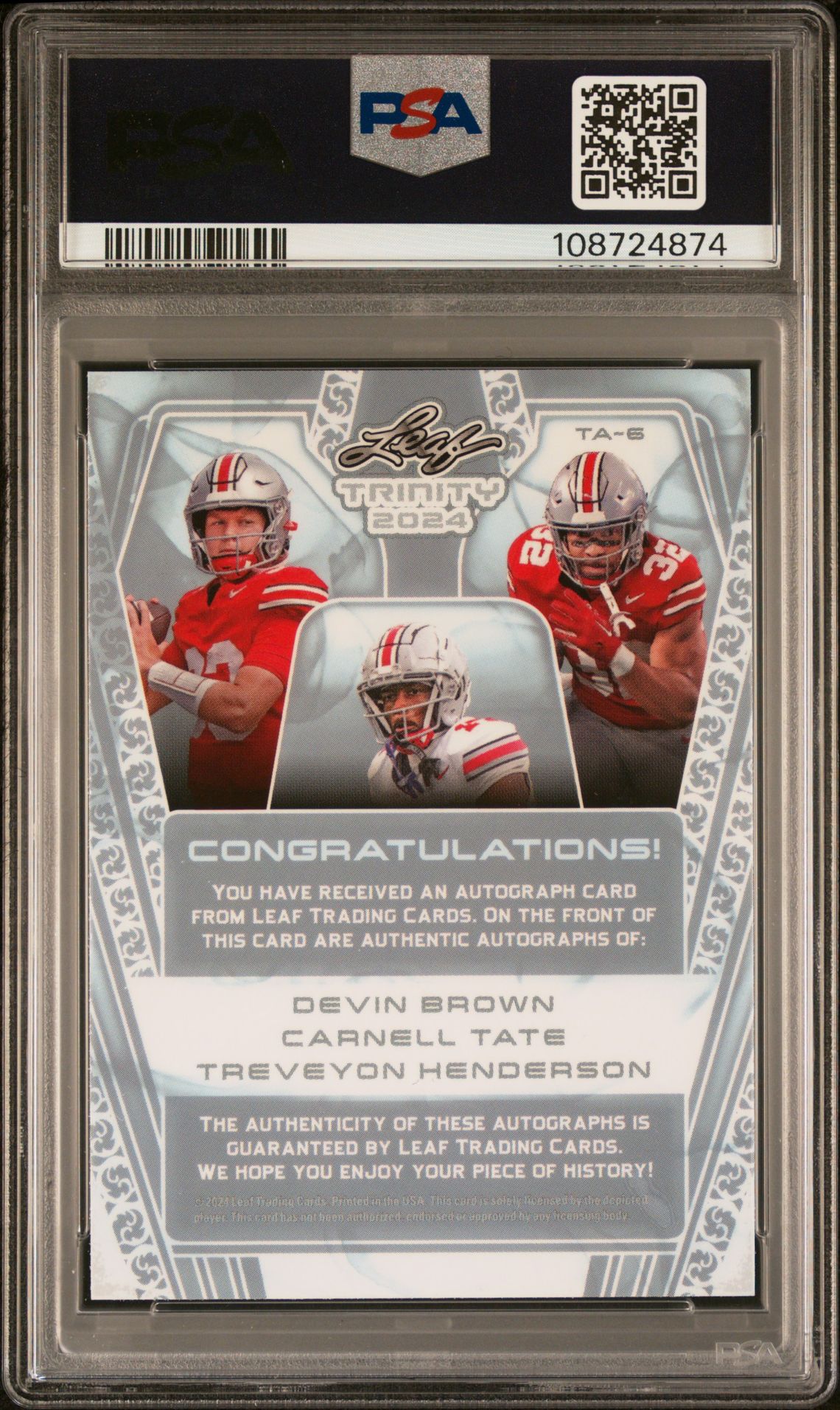 2024 Leaf Trinity Triple Autographs Brown/Tate/Henderson #Ta6 (Triple Autographs-Silver) Gem Mt 10 back