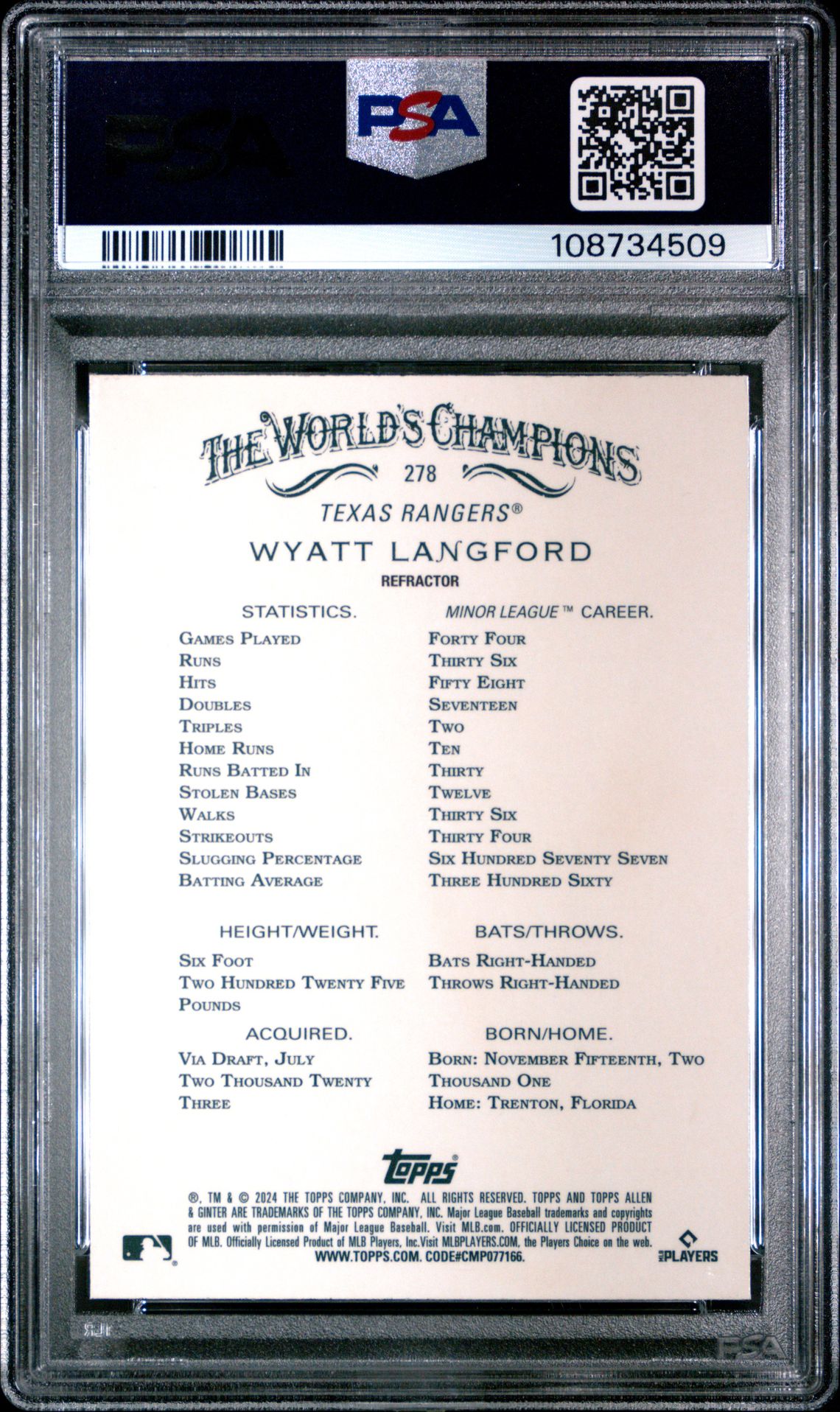 2024 Topps Allen & Ginter Wyatt Langford #278 (Chrome-Refractor) Mint 9 back