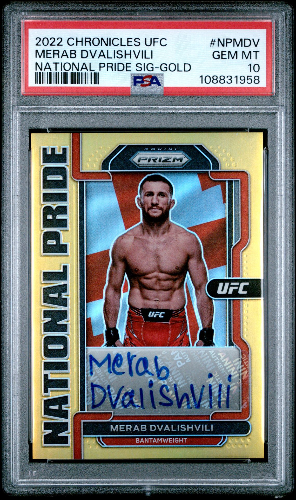 2022 Panini PANINI CHRONICLES UFC NATIONAL PRIDE SIGNATURES NATIONAL PRIDE SIG-GOLD #NPMDV Merab Dvalishvili front