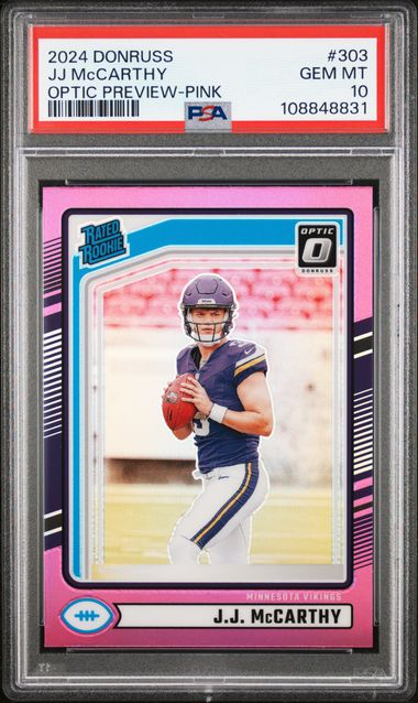 2024 Panini Donruss Jj Mccarthy #303 (Optic Preview-Pink) Gem Mt 10 front