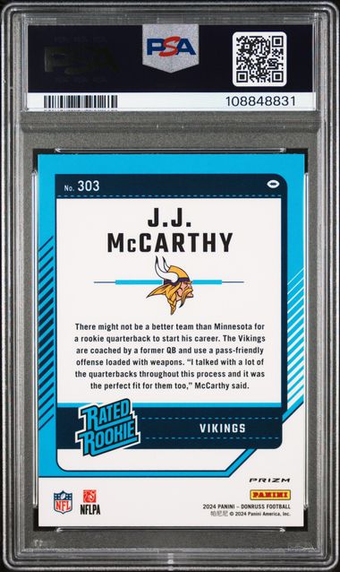 2024 Panini Donruss Jj Mccarthy #303 (Optic Preview-Pink) Gem Mt 10 back