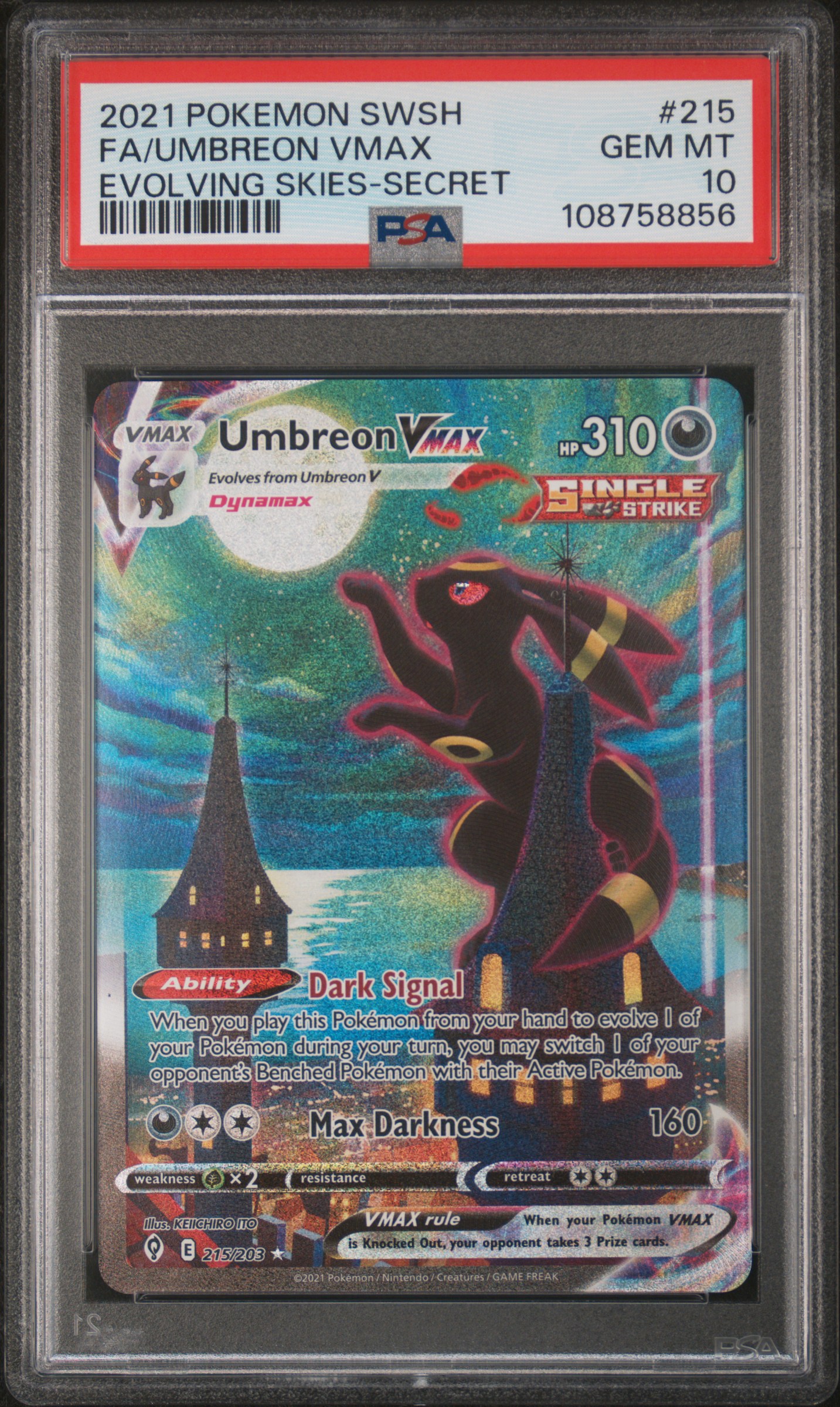 2021 Pokemon Sword & Shield Evolving Skies Fa/Umbreon Vmax #215 (Evolving Skies-Secret) Gem Mt 10 front