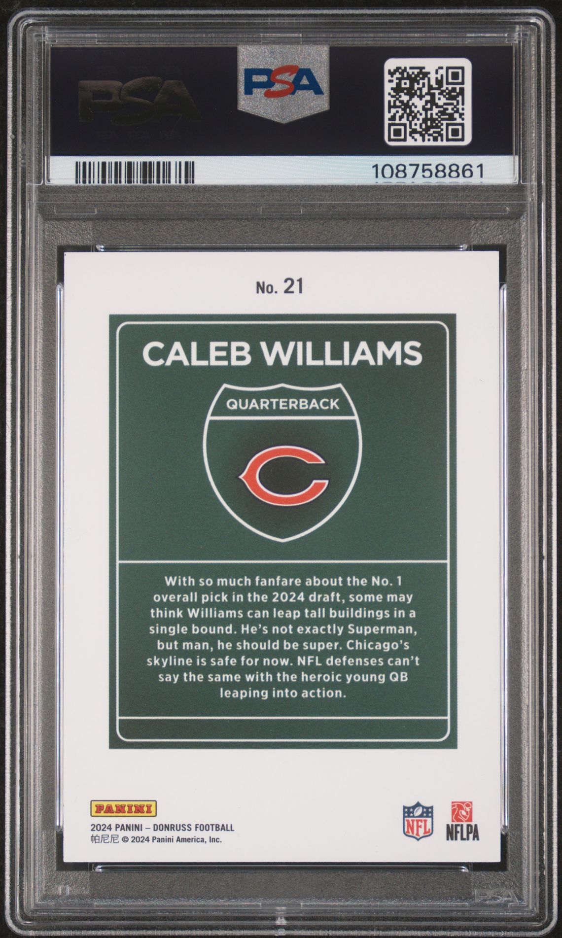2024 Panini Donruss Downtown! Caleb Williams #21 Gem Mt 10 back