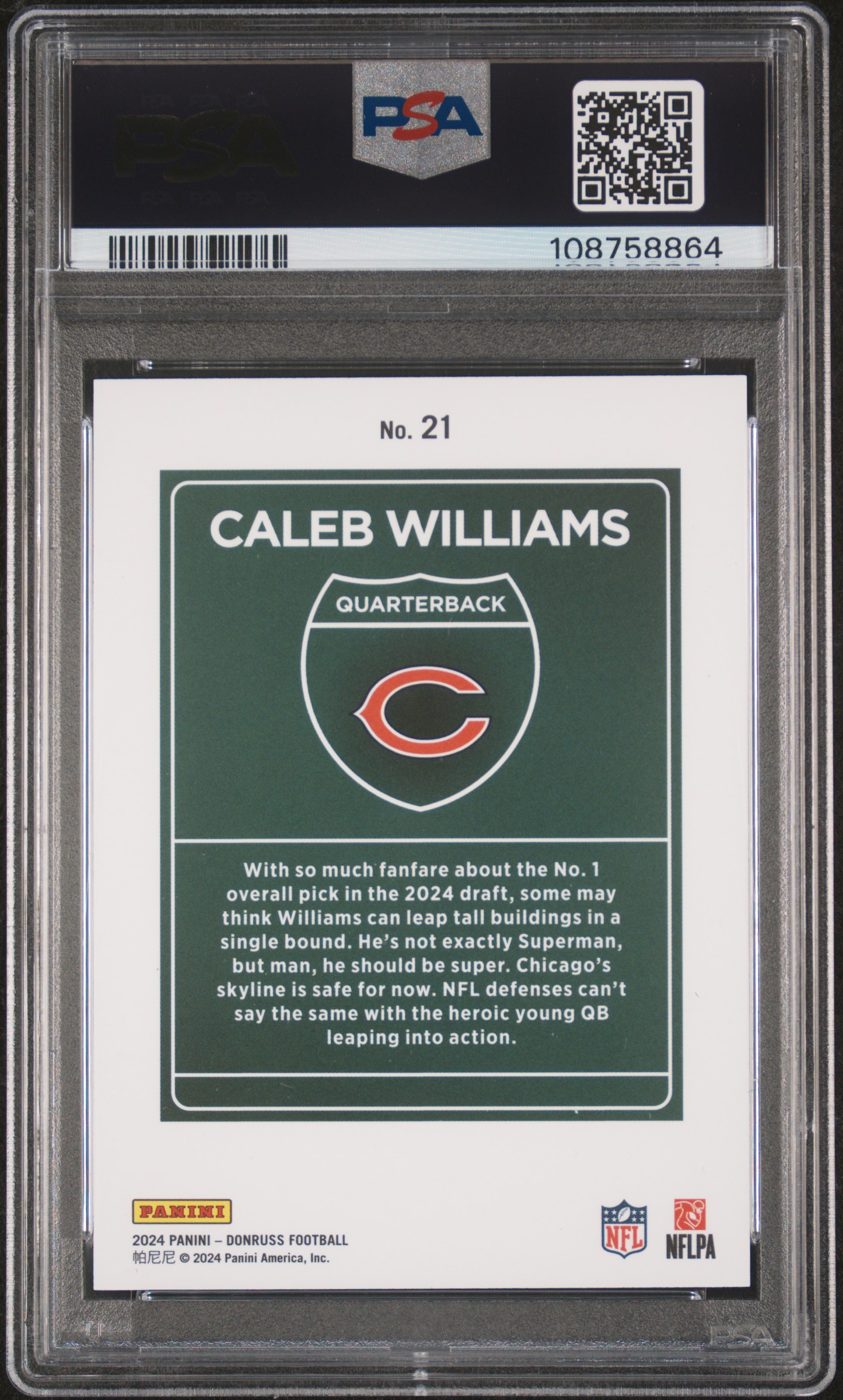 2024 Panini Donruss Downtown! Caleb Williams #21 Gem Mt 10 back