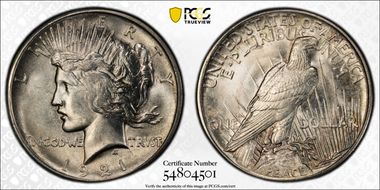 1921 $1 High Relief, Peace MS64