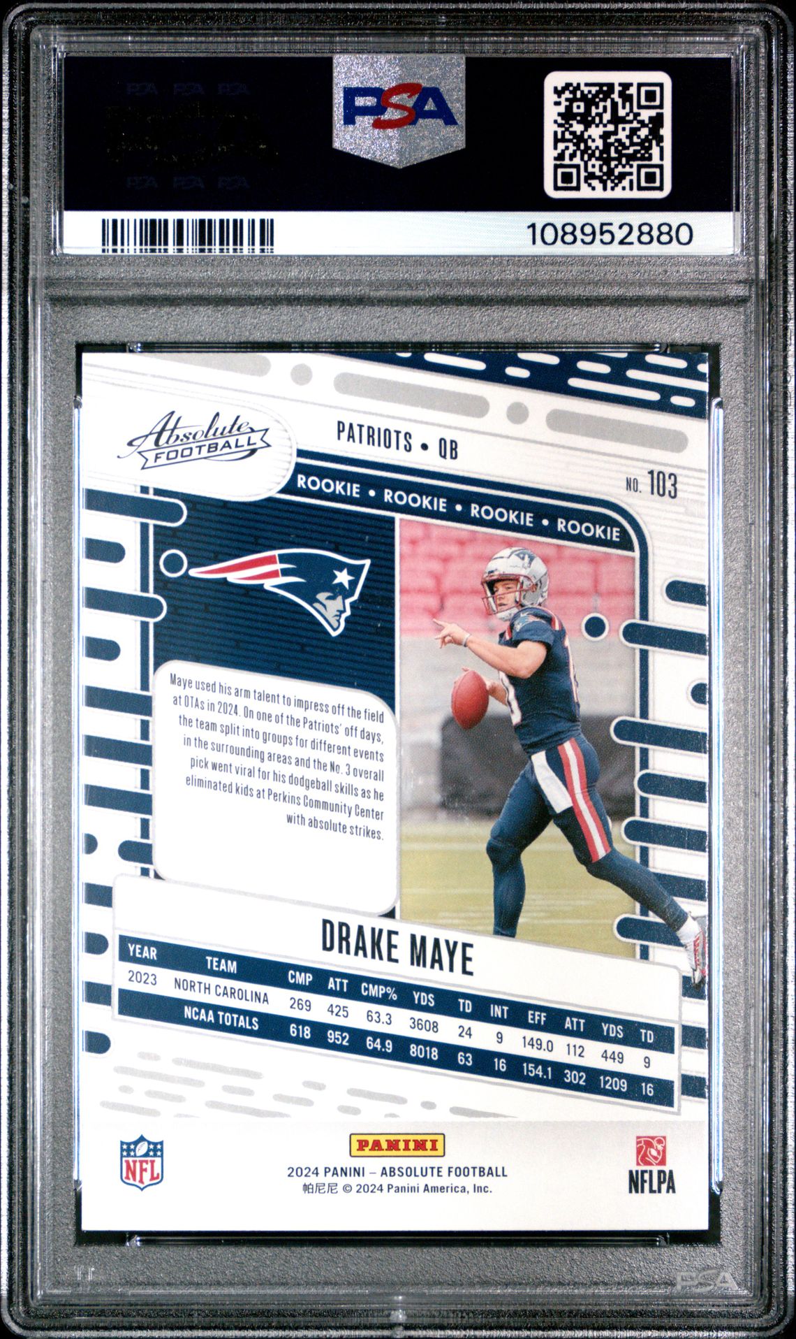 2024 Panini Absolute Drake Maye #103 Gem Mt 10 back