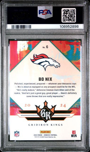 2024 Panini Donruss Rookie Gridiron Kings Bo Nix #6 Gem Mt 10 back