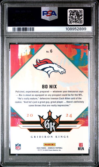 2024 Panini Donruss Rookie Gridiron Kings Bo Nix #6 Gem Mt 10 back