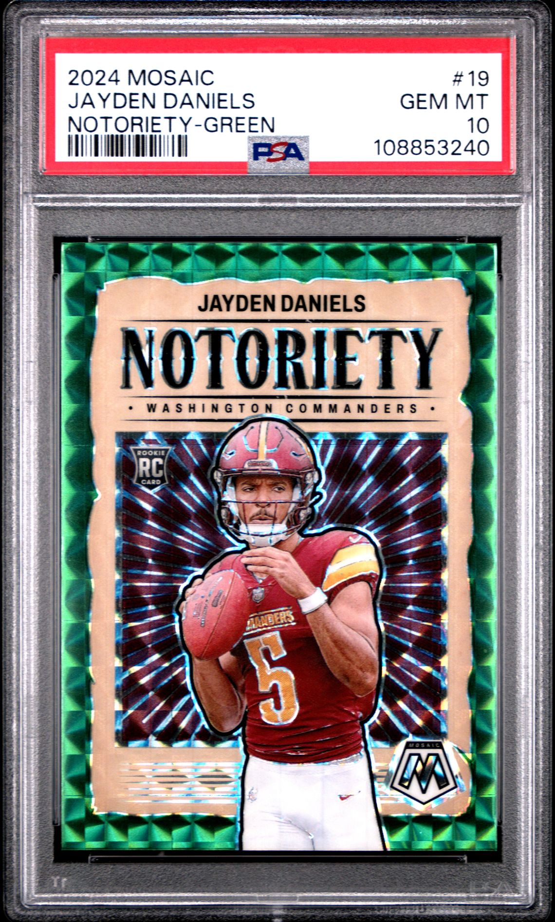 2024 Panini Mosaic Notoriety Jayden Daniels #19 (Notoriety-Green) Gem Mt 10 front
